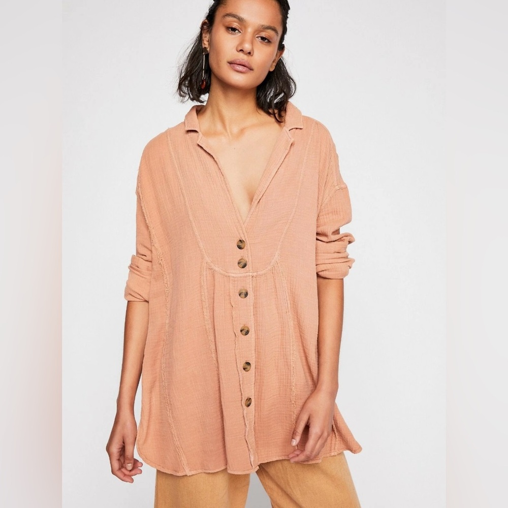 Free People All About the Feels Button Down Pink Oversized Top Boho Cotton Small